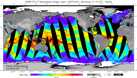 An atmospheric river is seen making land fall on the western coast of the US. These features can deliver extreme precipitation events that have consequences for humans and wild biota living in their path.